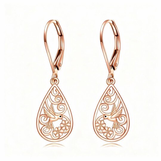 Pendientes colgantes con forma de colibrí y gota en oro rosa de 10 quilates