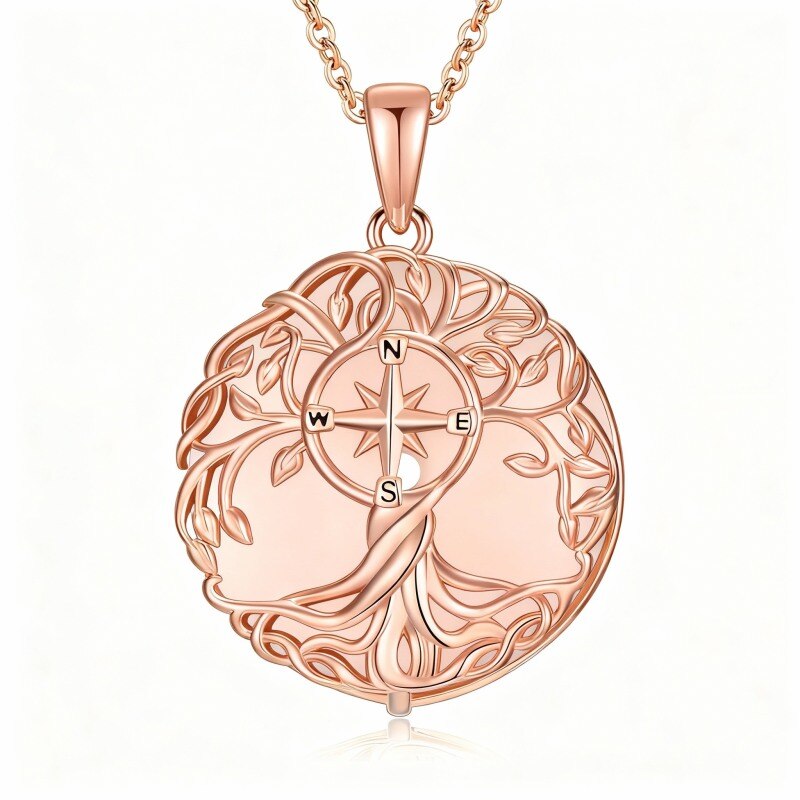 Collar con colgante de árbol de la vida y brújula de jade y oro rosa de 14 quilates-1