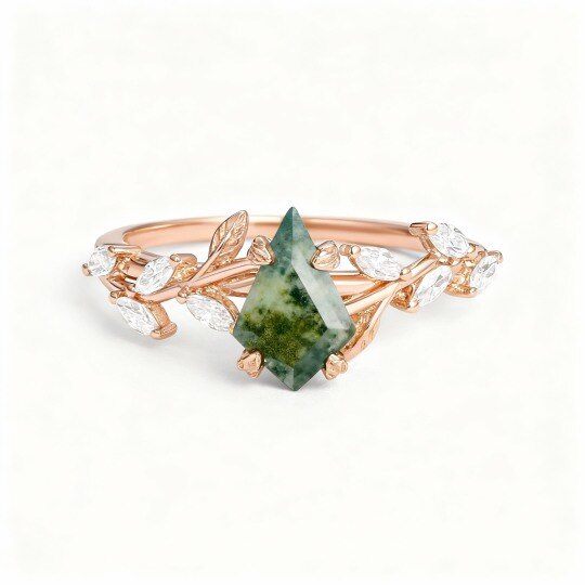 18K Rose Gold 1 to 6 CT Kite Cut Moss Agate Leave Natural Inspired Engagement Ring