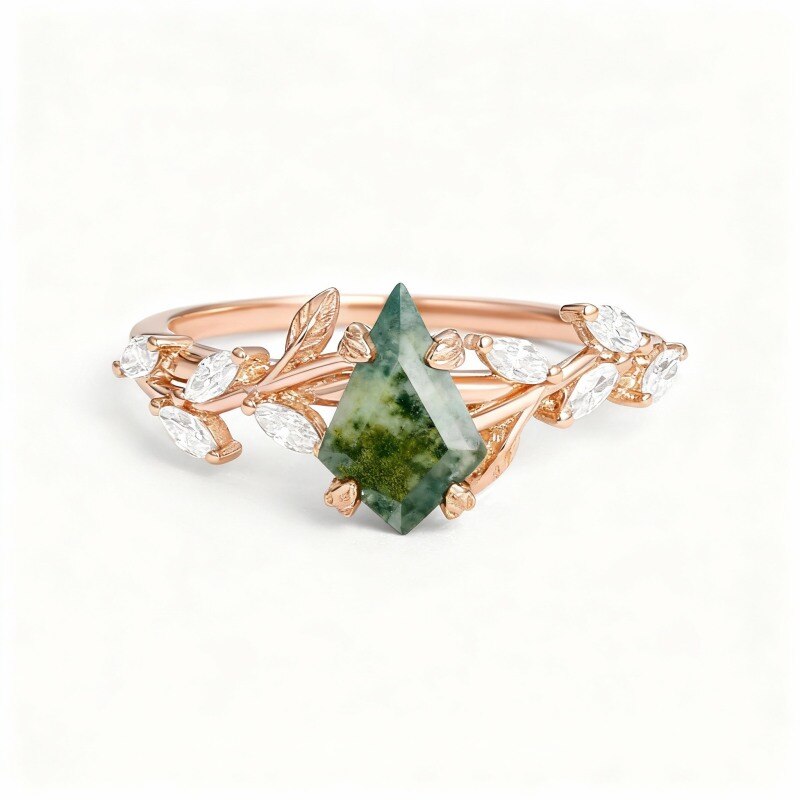 10K Rose Gold 1 to 6 CT Kite Cut Moss Agate Leave Natural Inspired Engagement Ring-1