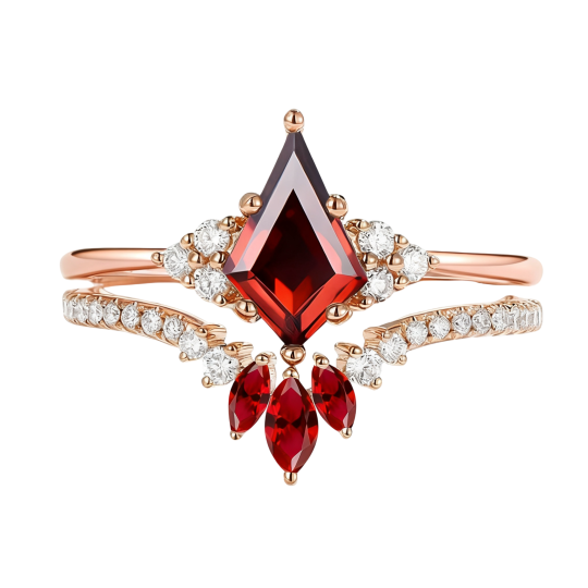 Conjunto nupcial personalizado de oro rosa de 10 quilates con rubí talla cometa