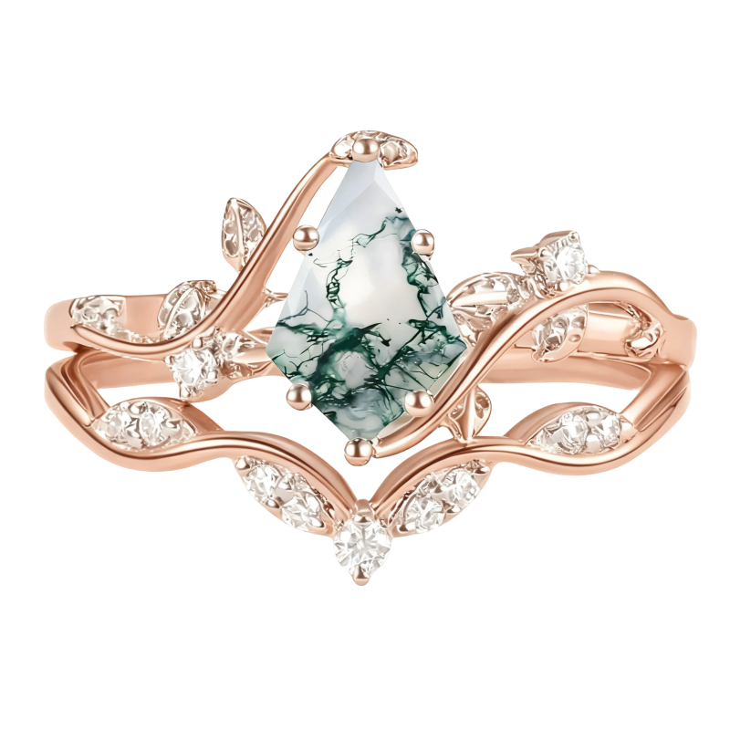 Ensemble de mariage en or rose 10 carats avec moissanite taille cerf-volant et agate mousse-14