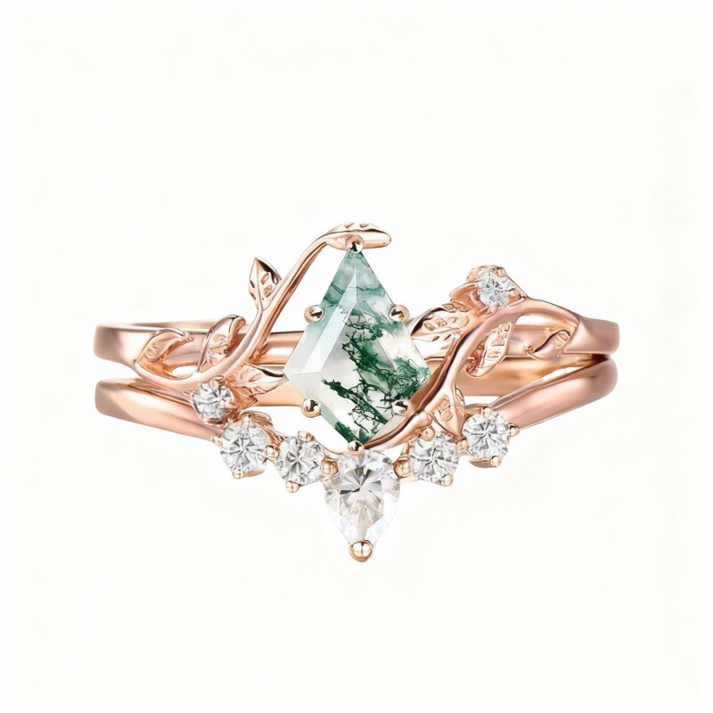 10K Rose Gold Kite Cut Moissanite & Moss Agate Couple Engagement Ring-19