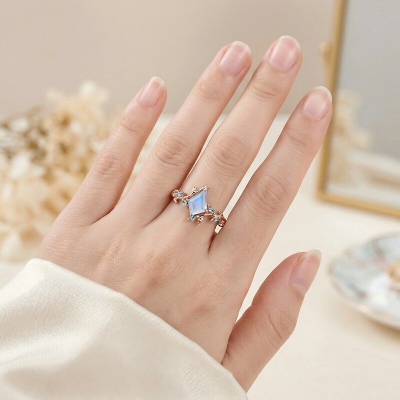 10K Rose Gold Kite Cut Moonstone & Moss Agate Engagement Ring-2