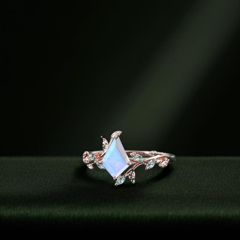 10K Rose Gold Kite Cut Moonstone & Moss Agate Engagement Ring-3