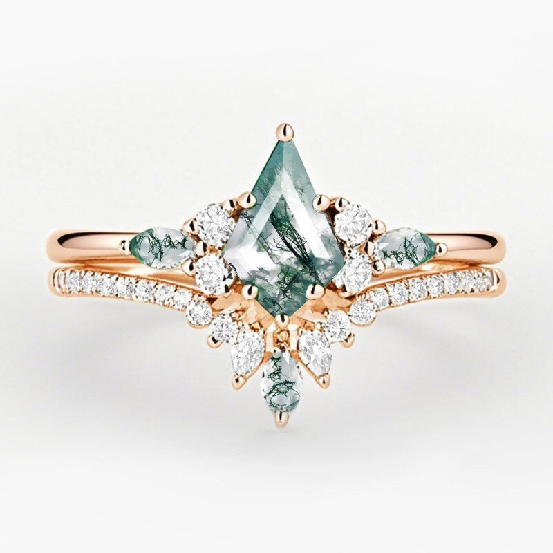 Anillo de compromiso de plata de ley con ágata musgosa talla cometa chapada en oro rosa-1