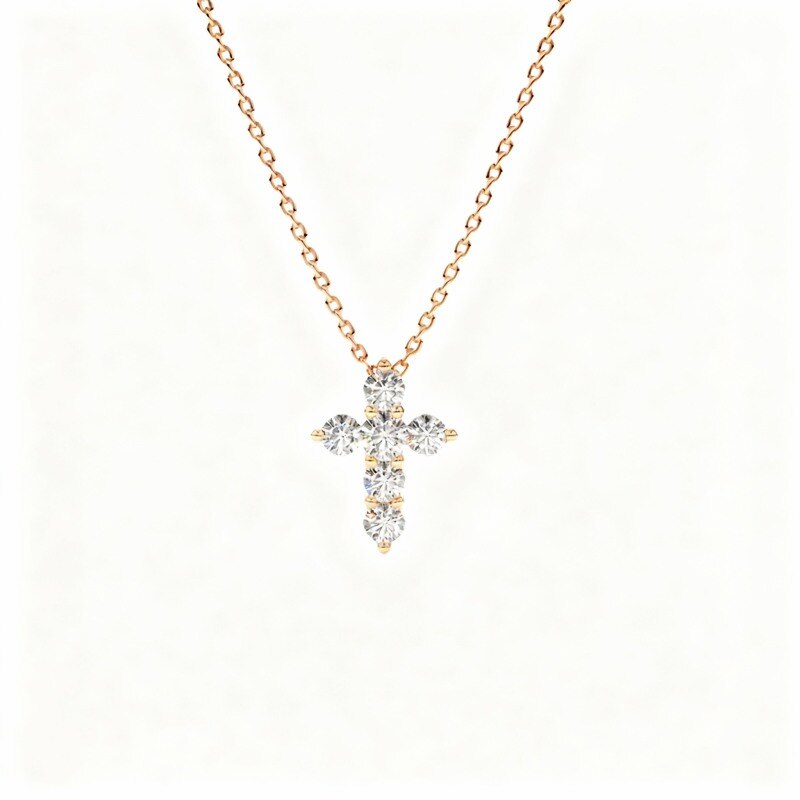 Collier pendentif croix en or rose 10 carats et diamants de laboratoire-1