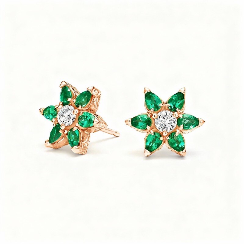 10K Rose Gold Lab Created Diamond & Lab Created Emerald Couple Stud Earrings-1