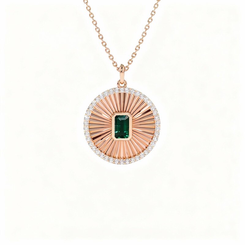 18K Rose Gold Lab Created Emerald Round Pendant Necklace-1