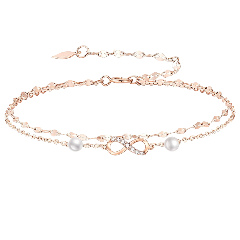Tobillera multicapa con dije de símbolo infinito, diamantes cultivados en laboratorio y perlas, en oro rosa de 10 quilates.-1