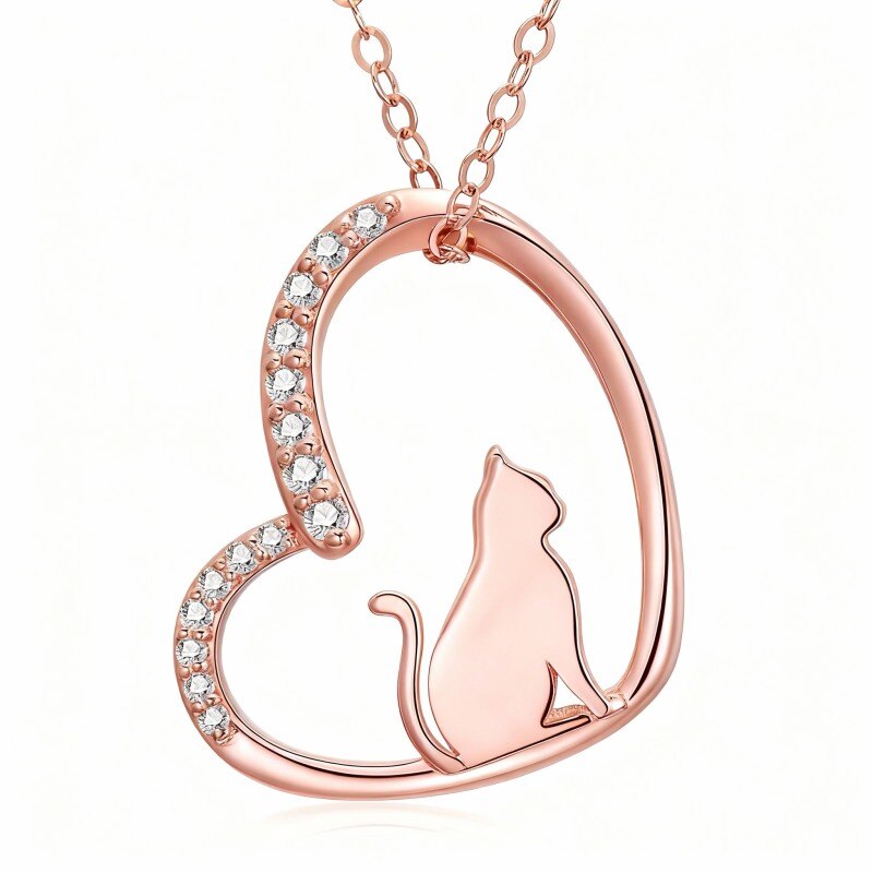Collar con colgante de gato y corazón con diamantes de laboratorio en oro rosa de 10 quilates-1