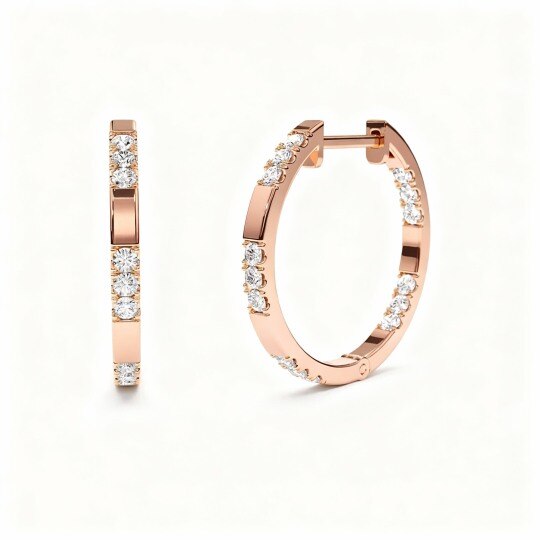Brincos de argola circulares em ouro rosa 10K com diamantes de laboratório.