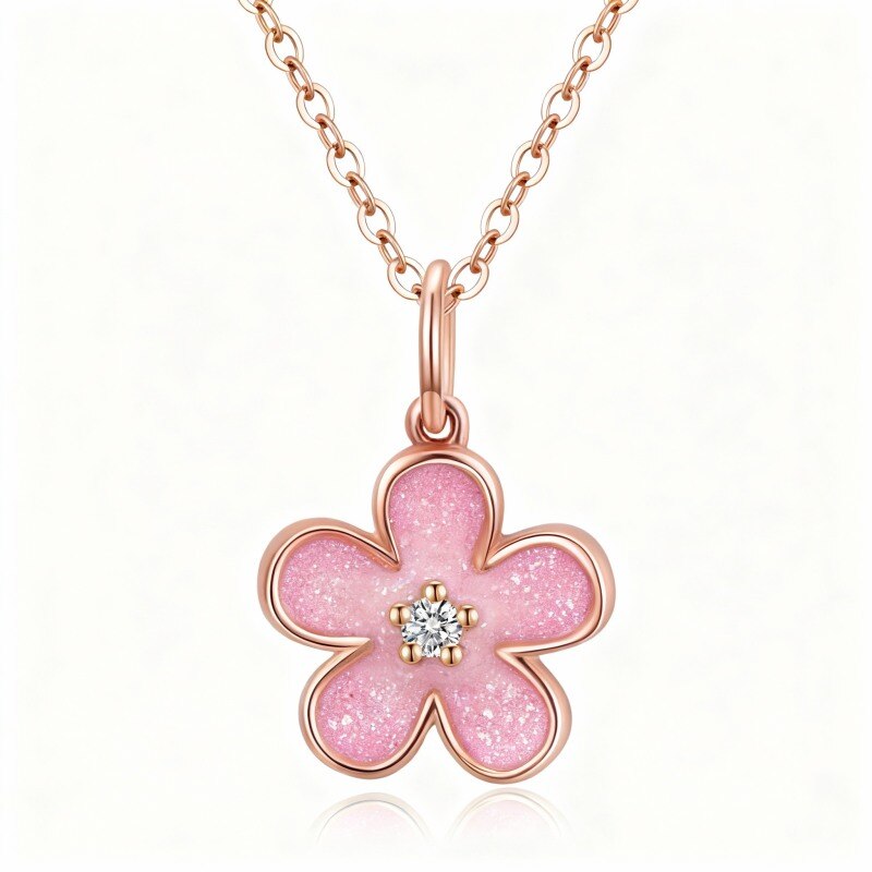 Collier pendentif fleur de pêcher en or rose 10 carats et diamants de laboratoire-1