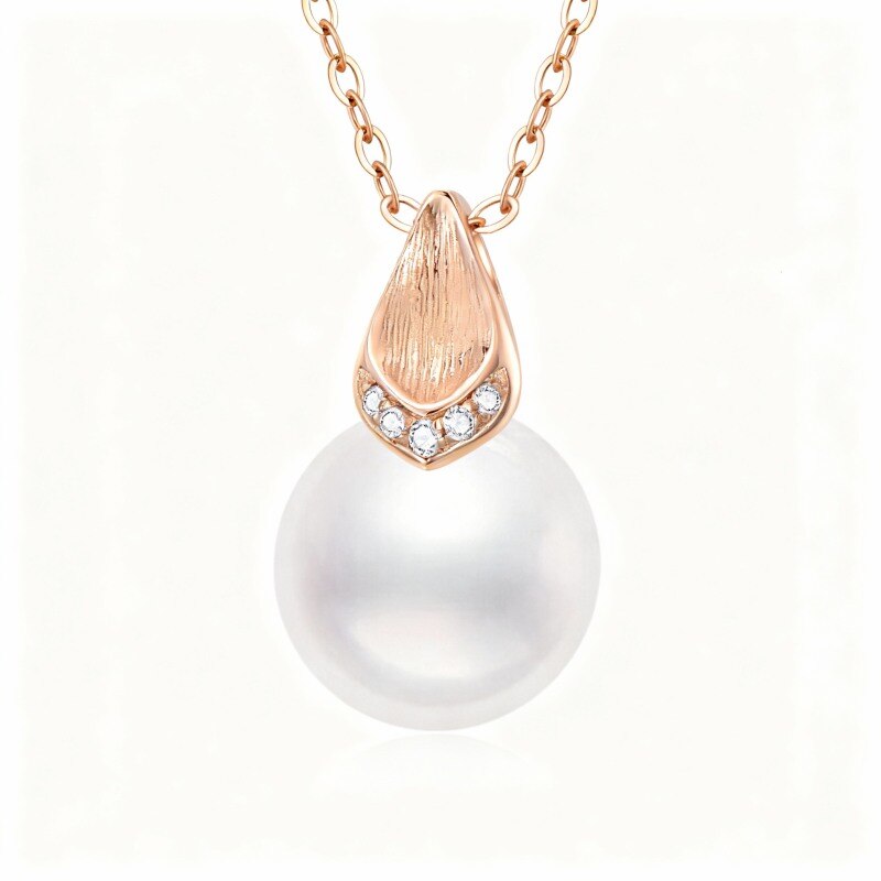 Collier pendentif en or rose 10 carats, diamants de laboratoire et perle-1