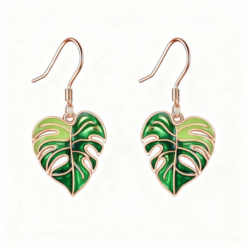 Boucles d'oreilles pendantes en or rose 14 carats en forme de feuilles-1