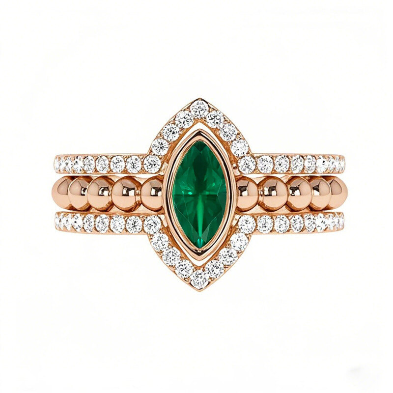 10K Rose Gold 0.7 CTW Marquise Cut Lab-Grown Emerald & Lab-Grown Diamond Custom Bridal Set-13