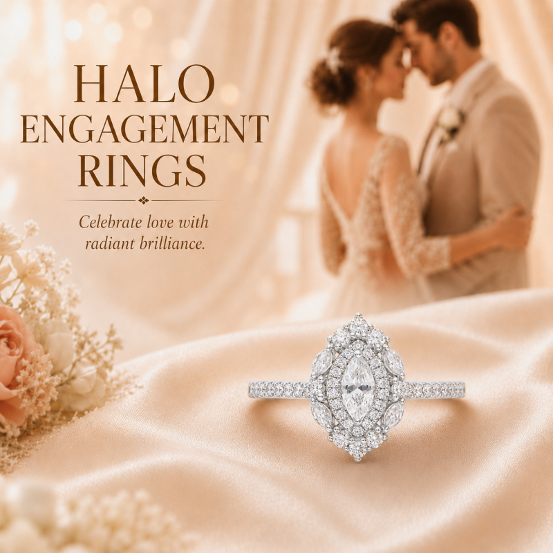 Anel de Noivado Personalizado com Duplo Halo em Ouro Rosa 10K com Diamante Sintético em Corte Marquise-6