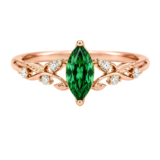 Anillo de compromiso personalizado de oro rosa de 10 quilates con diamante cultivado en laboratorio talla marquesa y esmeralda cultivada en laboratorio.