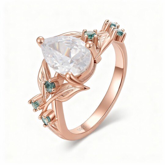 Anillo de compromiso de oro rosa de 10 quilates con corte marquesa y hojas