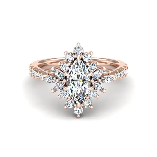 Anillo de compromiso de moissanita con corte marquesa en oro rosa de 14 quilates