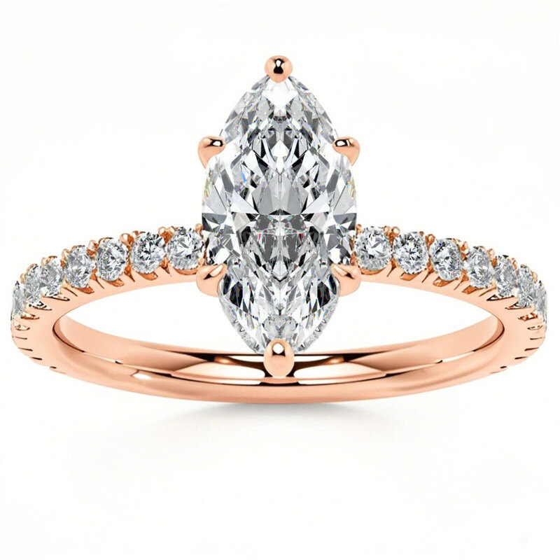 10K Rose Gold Marquise Cut Moissanite Hidden Halo Engagement Ring-12