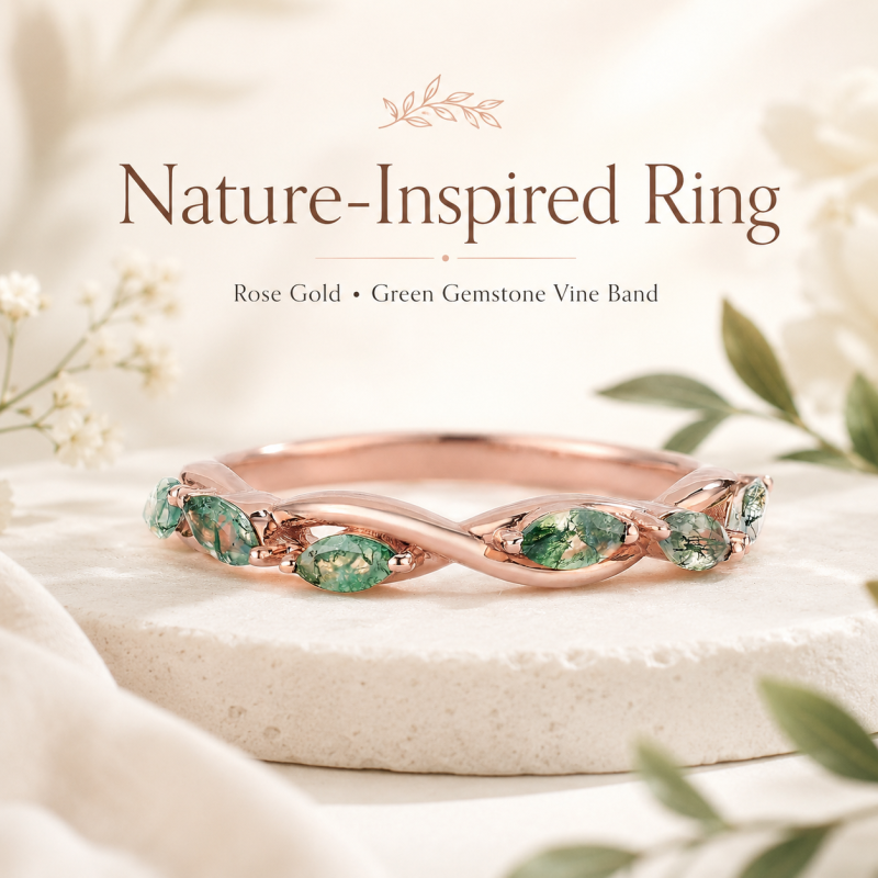 Ring aus Sterlingsilber mit roségoldplattiertem, birnenförmigem Moosachat-5