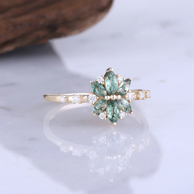 Anillo de ágata musgosa talla marquesa en oro rosa de 14 quilates-9