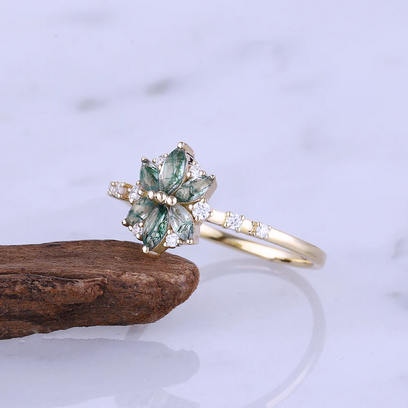 Anillo de ágata musgosa talla marquesa en oro rosa de 14 quilates-10