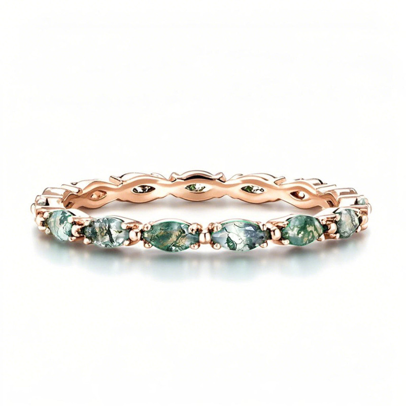 10K Rose Gold Marquise Cut Moss Agate Wedding Ring-1