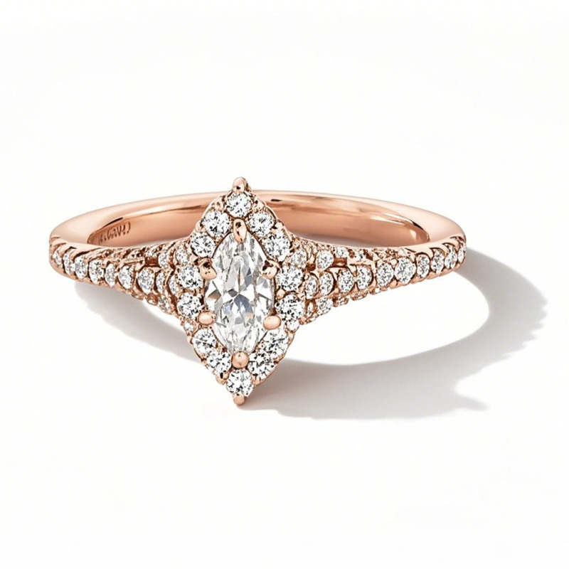 Anillo de compromiso de oro rosa de 10 quilates con diamante de laboratorio talla marquesa, color D, claridad VVS1, certificado 3EX por IGI.-15