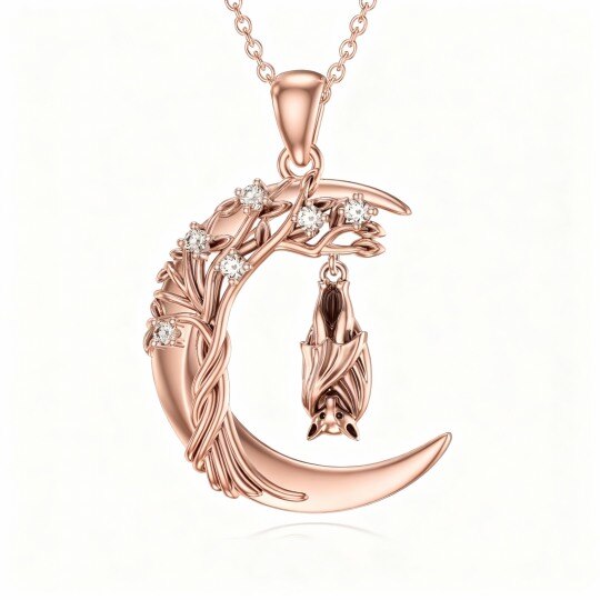 10K Rose Gold Moissanite Bat & Moon Pendant Necklace