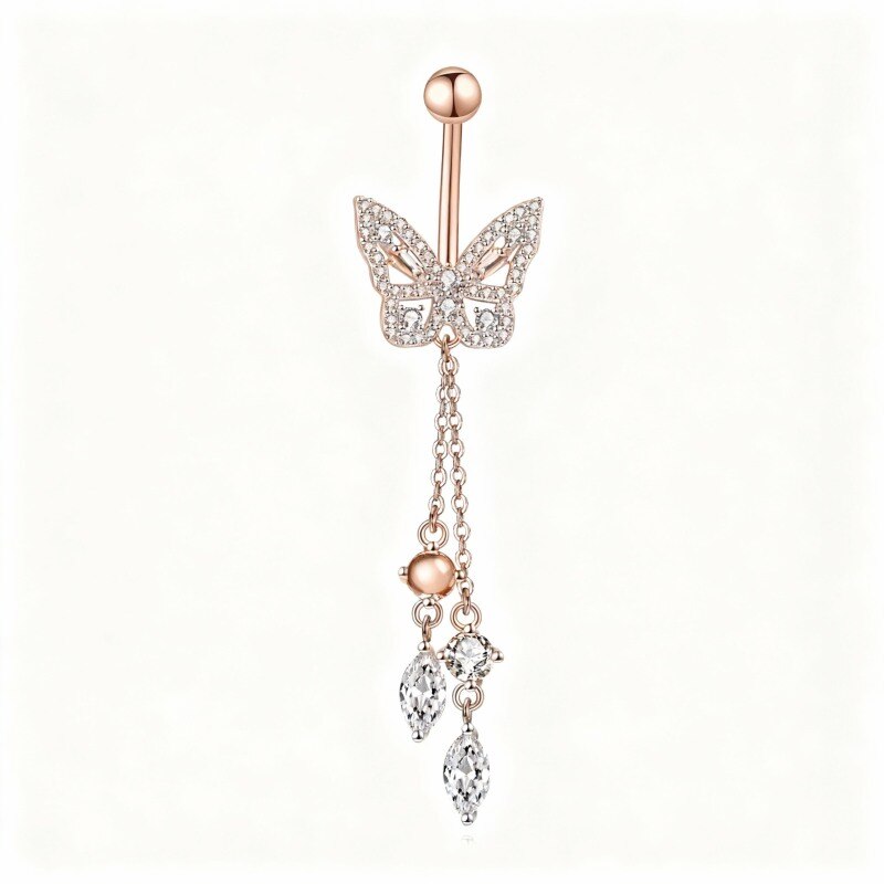 10K Rose Gold Moissanite Butterfly Belly Button Ring-1