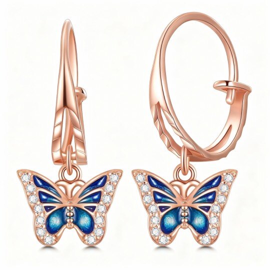 Pendientes colgantes de mariposa con moissanita en oro rosa de 10 quilates