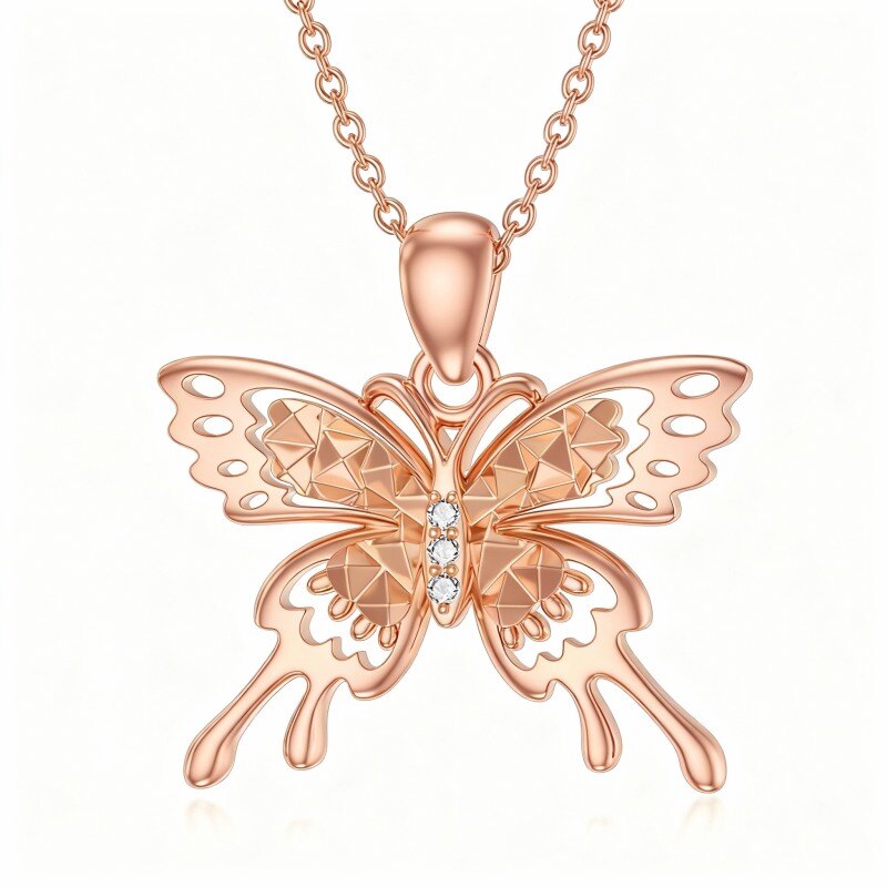 Collar con colgante de mariposa de moissanita en oro rosa de 10 quilates-1