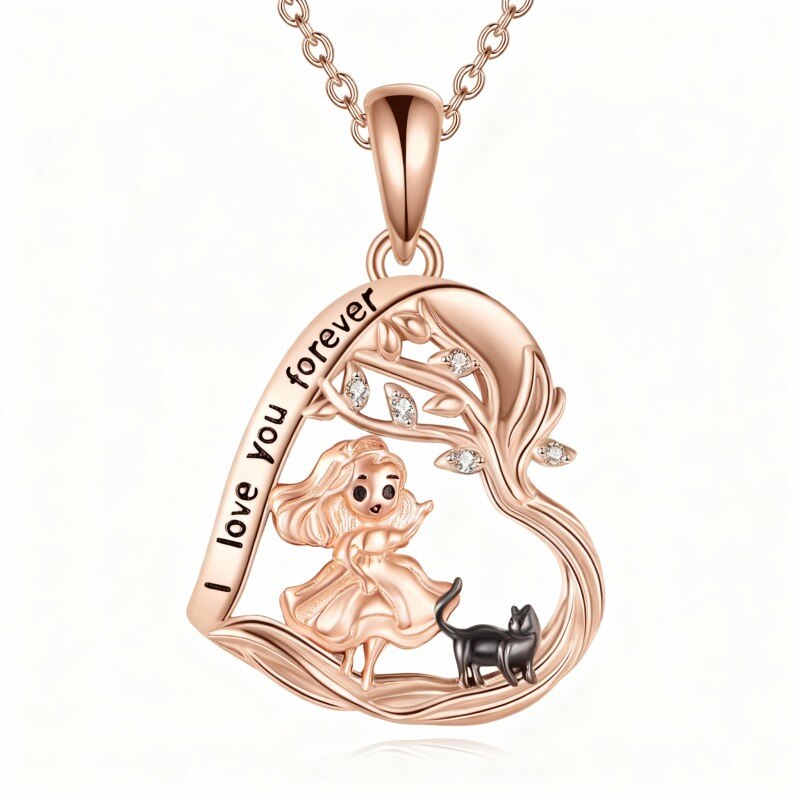 Collar con colgante de gato, bailarina y corazón en oro rosa de 14 quilates con moissanita-1