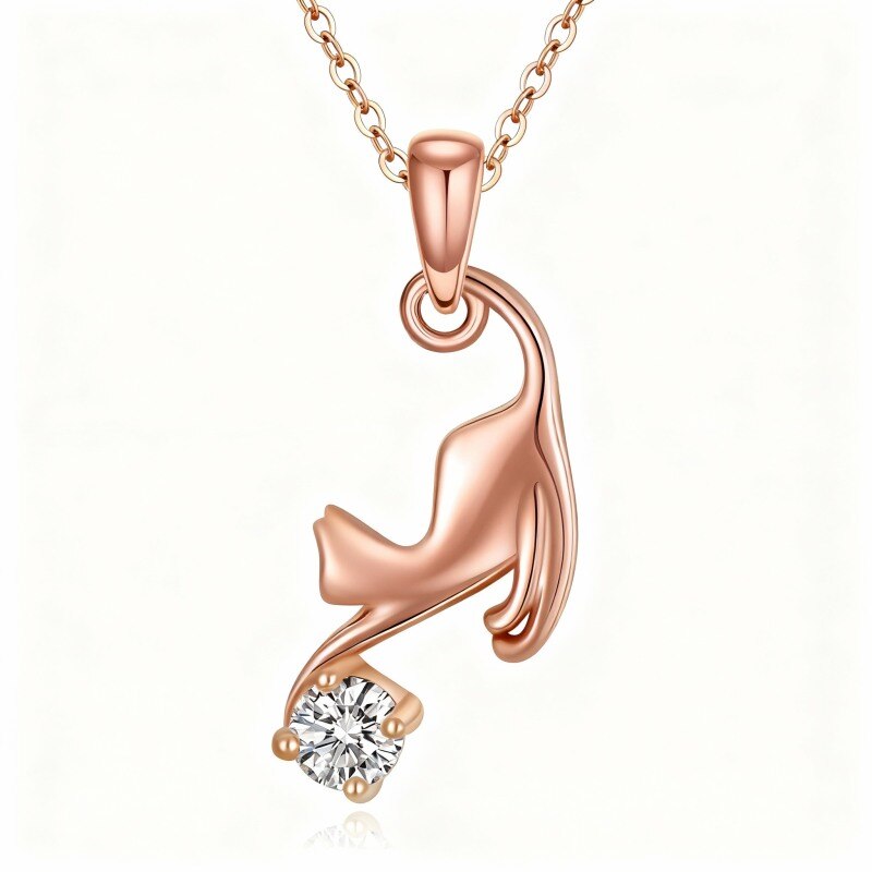 14K Rose Gold Moissanite Cat Pendant Necklace-1