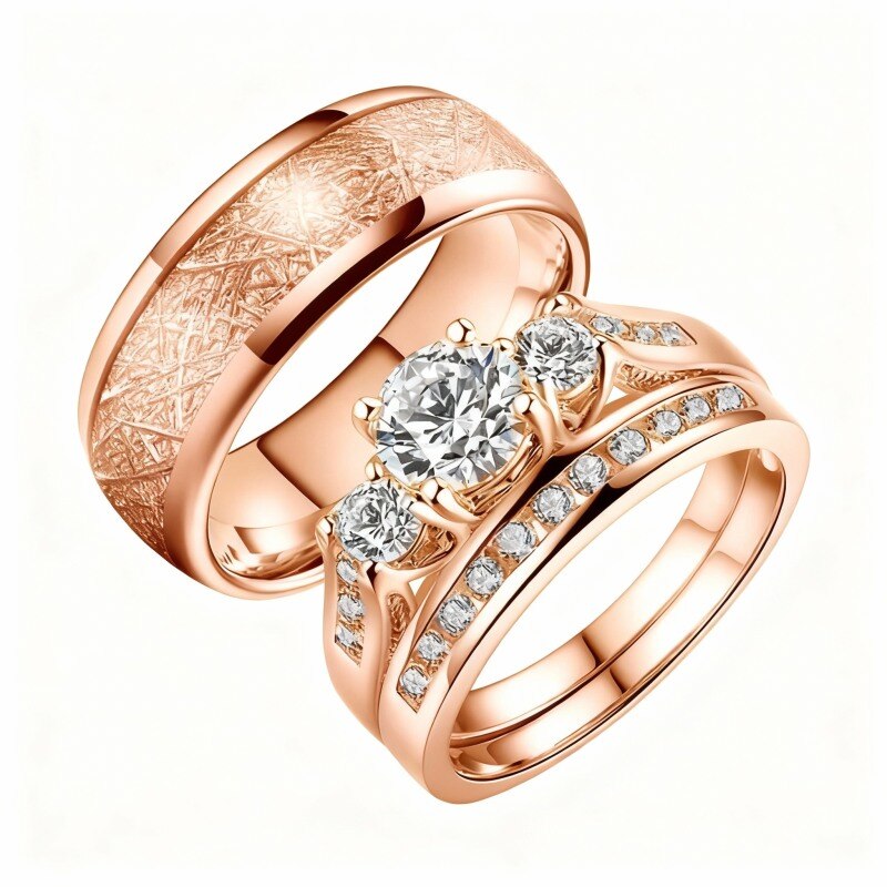 Anéis de casal em ouro rosa de 10 quilates com moissanita de 1 quilate-13