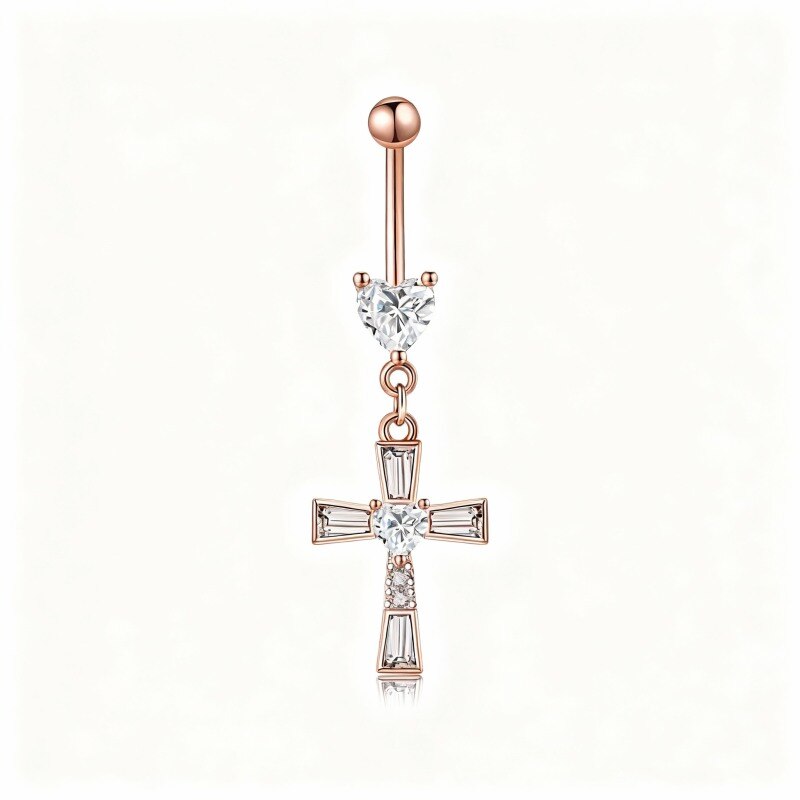10K Rose Gold Moissanite Cross Belly Button Ring-3