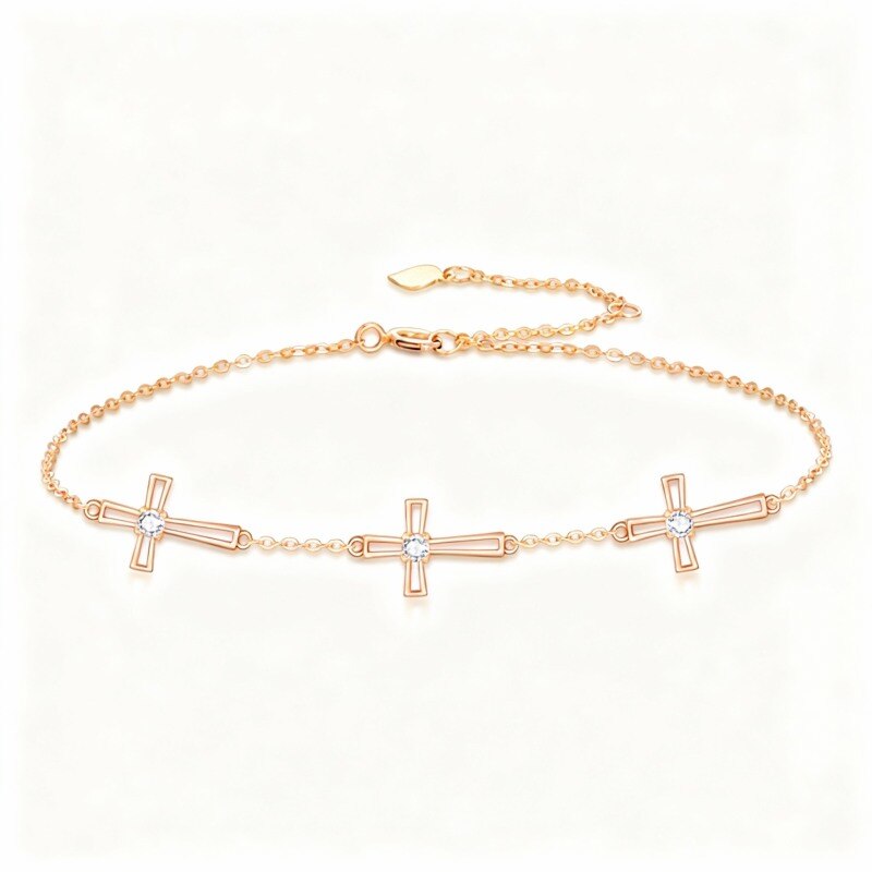 Pulsera con dije de cruz de moissanita en oro rosa de 18 quilates-1