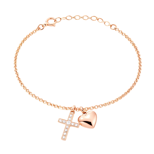 10K Rose Gold Moissanite Cross & Heart Charm Bracelet