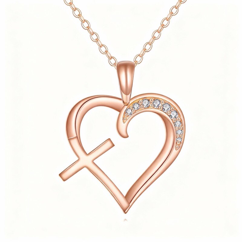 Collar con colgante de cruz y corazón de moissanita en oro rosa de 14 quilates-1