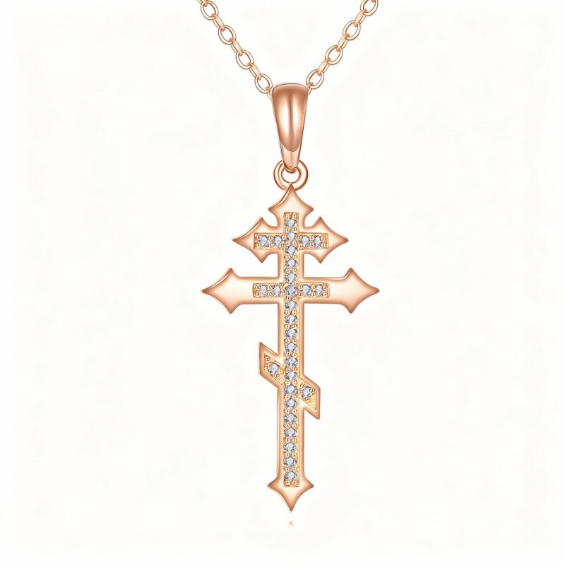 Collier pendentif croix en or rose 14 carats et moissanite-1