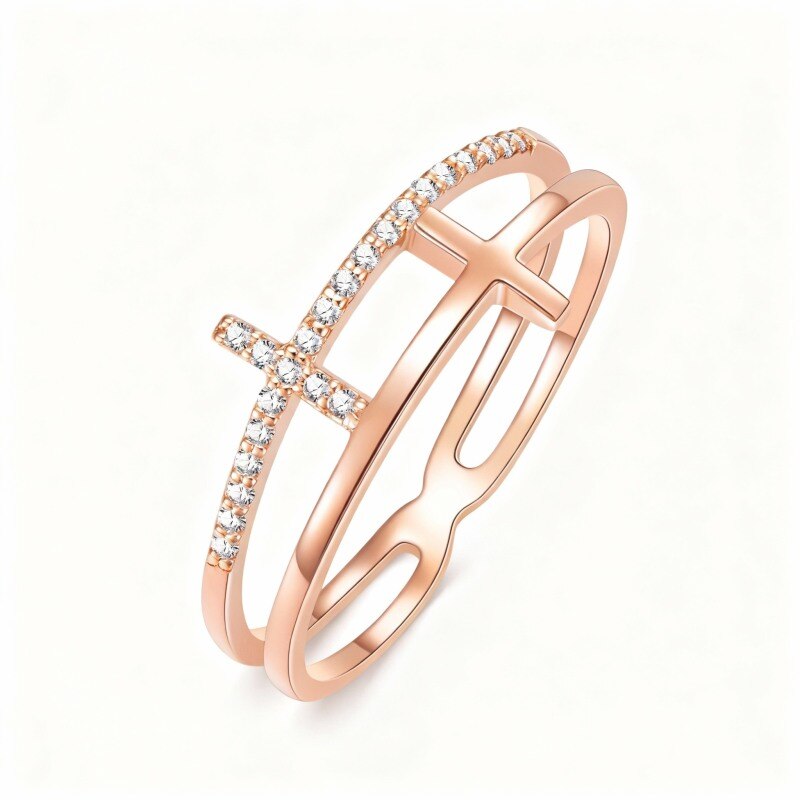 Bague croix en or rose 10 carats et moissanite-1