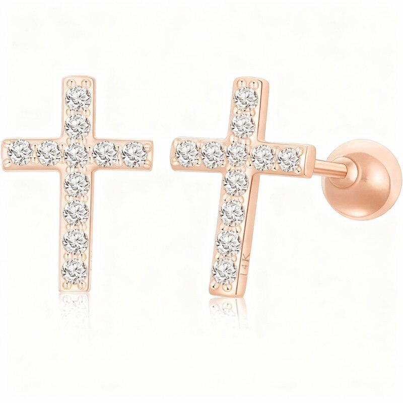 10K Rose Gold Moissanite Cross Stud Earrings-1