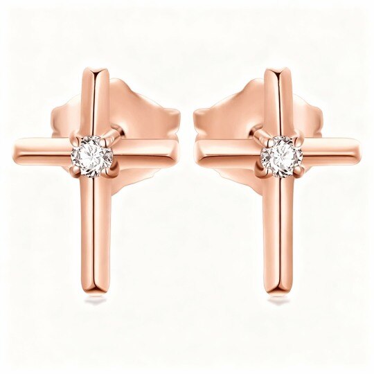 Boucles d'oreilles puces en or rose 10 carats et moissanite en forme de croix