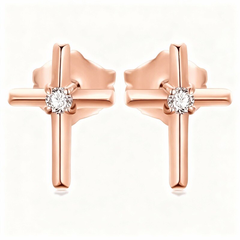 Boucles d'oreilles puces en or rose 10 carats et moissanite en forme de croix-1