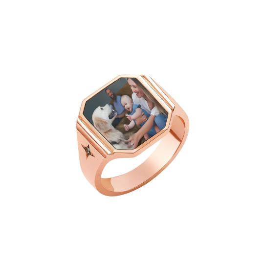 Anillo de oro rosa de 10 quilates con moissanita, grabable y personalizado con foto, para padre e hija, padre e hijo, padres e hijos, y para hombre.