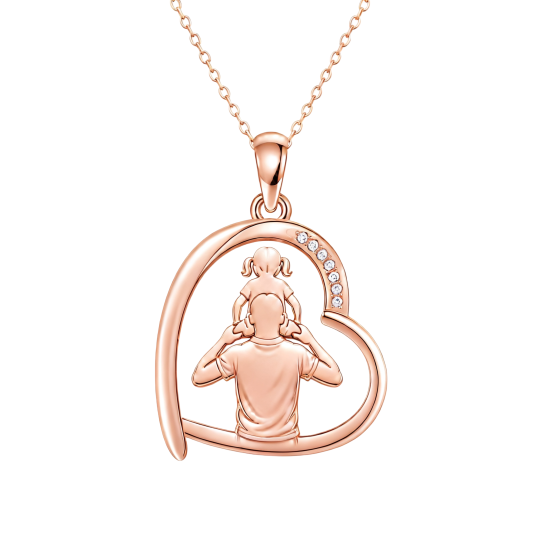 Collier pendentif en or rose 10 carats avec moissanite, père et fille et cœur