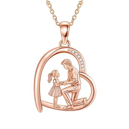 Collier pendentif en or rose 10 carats avec moissanite, motif père et fille et cœur, et inscription gravée.