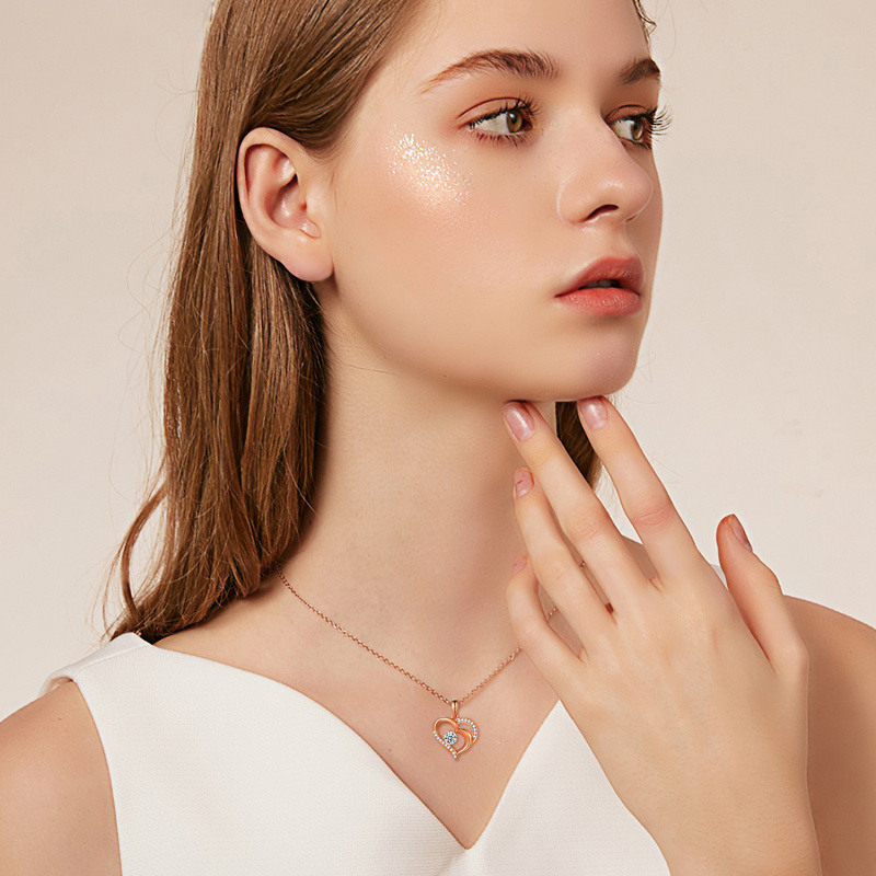 10K Roségold Moissanit Herz mit Herz Anhänger Halskette für Frauen-2